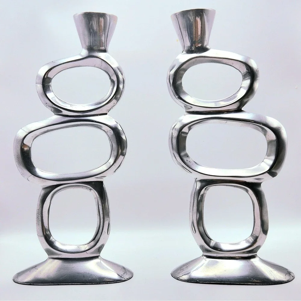 Modernist Candle Holders Brutalist Aluminum Armelent Sculptural Mid Century Pair